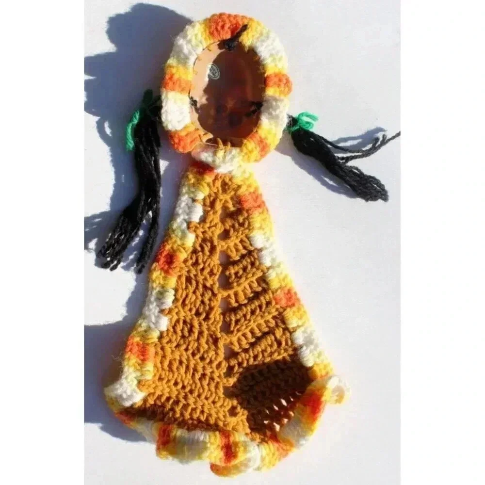 Vintage Plastic Native American Indian Girl Doll Croche Pot Crochet